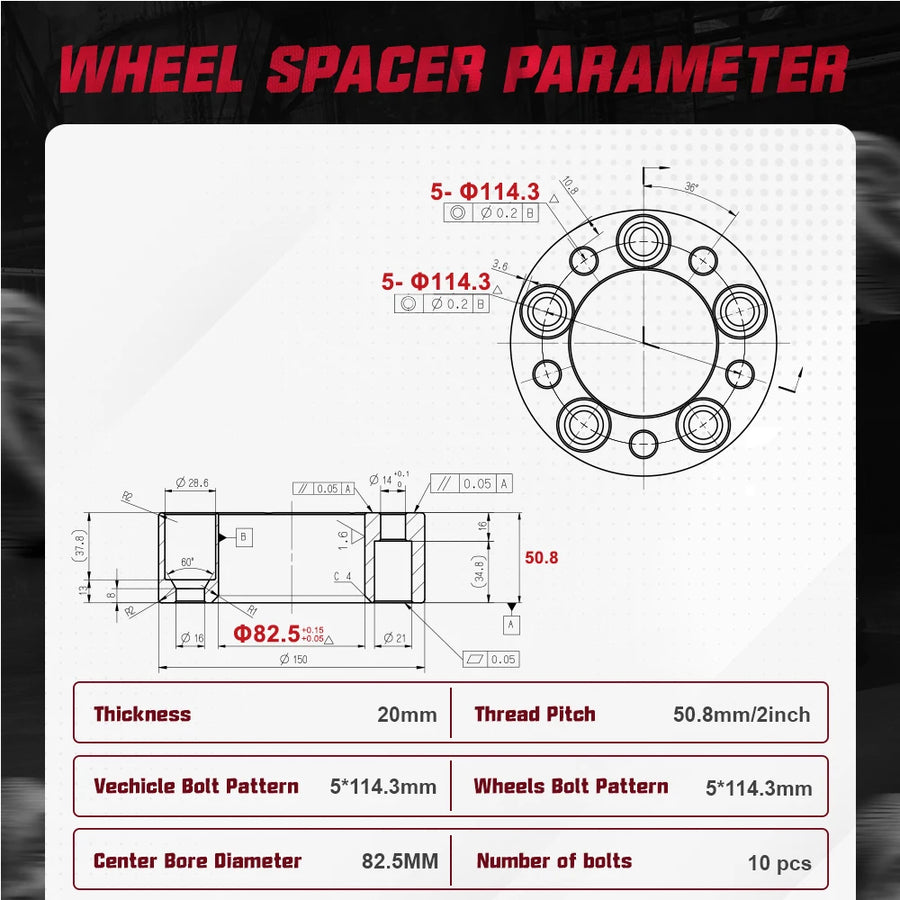 2-Inch 5x114.3 Wheel Spacer/Adapter Set – 82.5mm Bore, 1/2-20 Studs