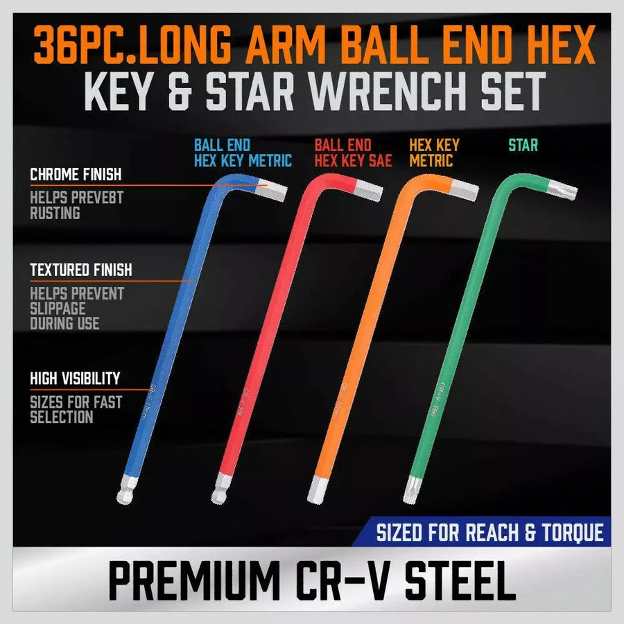 36-Piece Extra-Long SAE, Metric and Tamper-Proof Torx Key Set