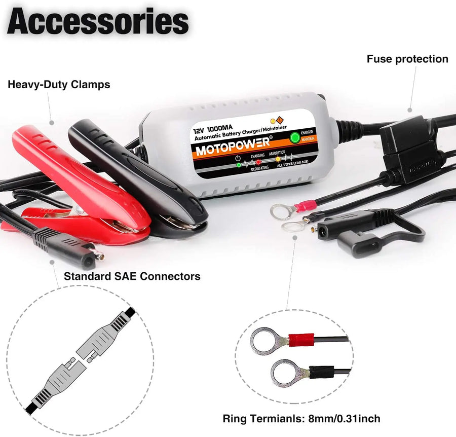 MOTOPOWER MP00205B 12V 1A Automatic Battery Charger and Maintainer