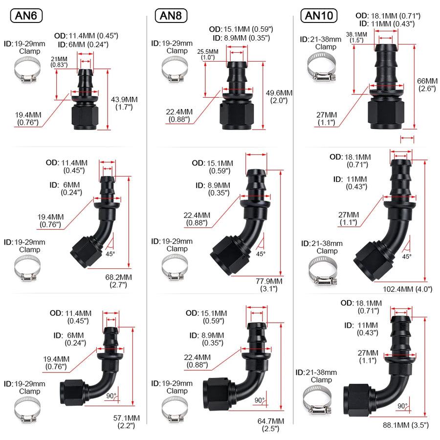 Reusable Push-On Hose End Fittings, AN6/AN8/AN10