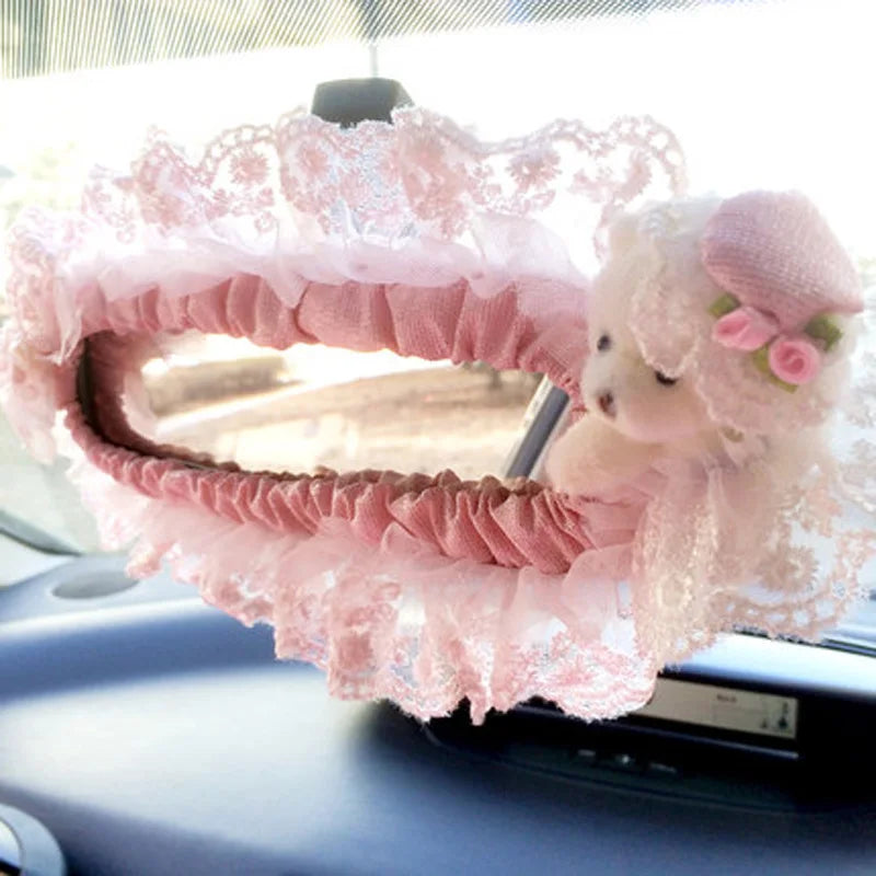 Pink Lace Car Interior Accessories Set With Steering Wheel Cover