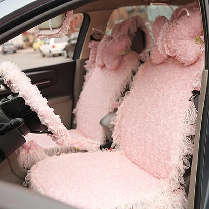 Pink Lace Car Interior Accessories Set With Steering Wheel Cover