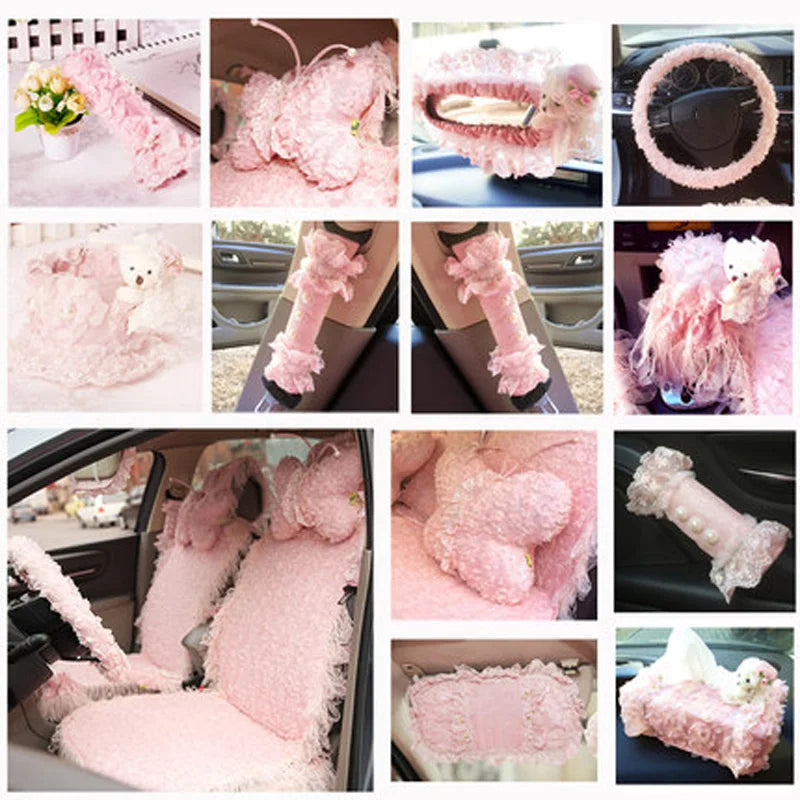 Pink Lace Car Interior Accessories Set With Steering Wheel Cover