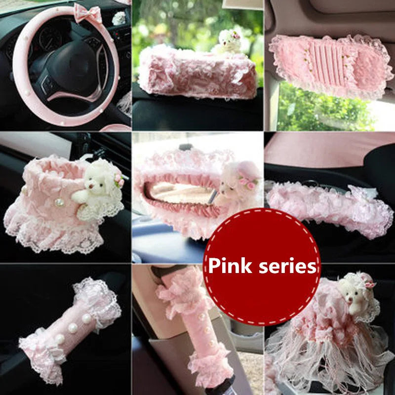 Pink Lace Car Interior Accessories Set With Steering Wheel Cover