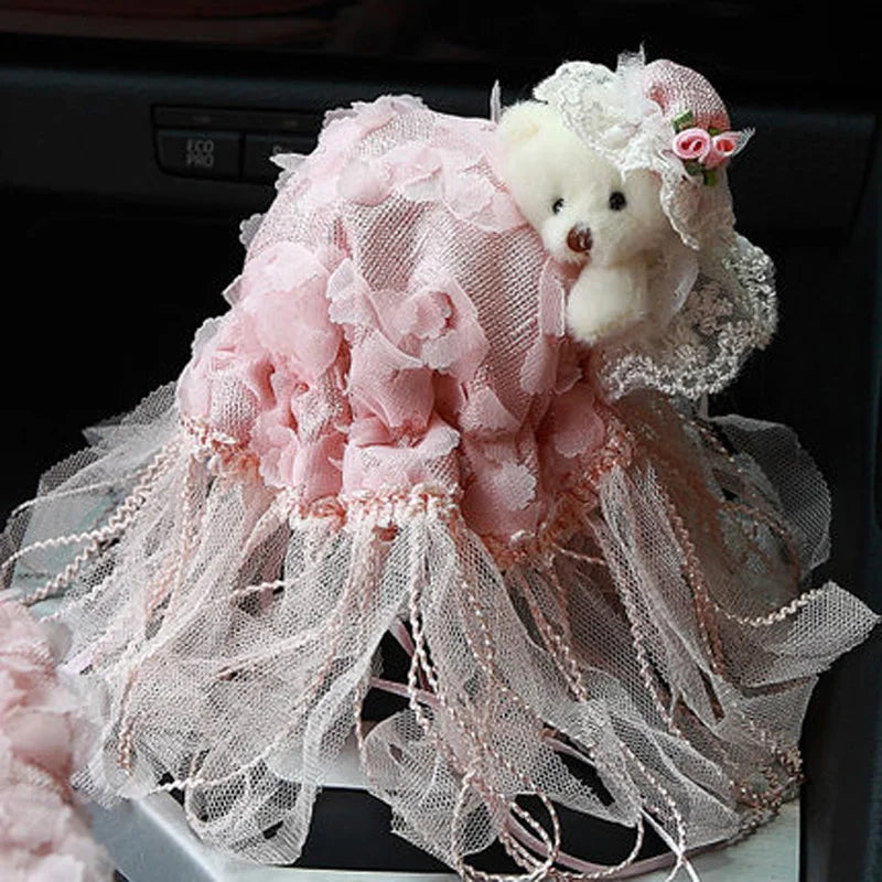Pink Lace Car Interior Accessories Set With Steering Wheel Cover