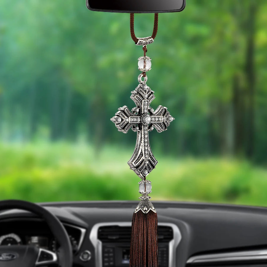 Crystal Cross Rearview-Mirror Hanging Ornament – 35 cm