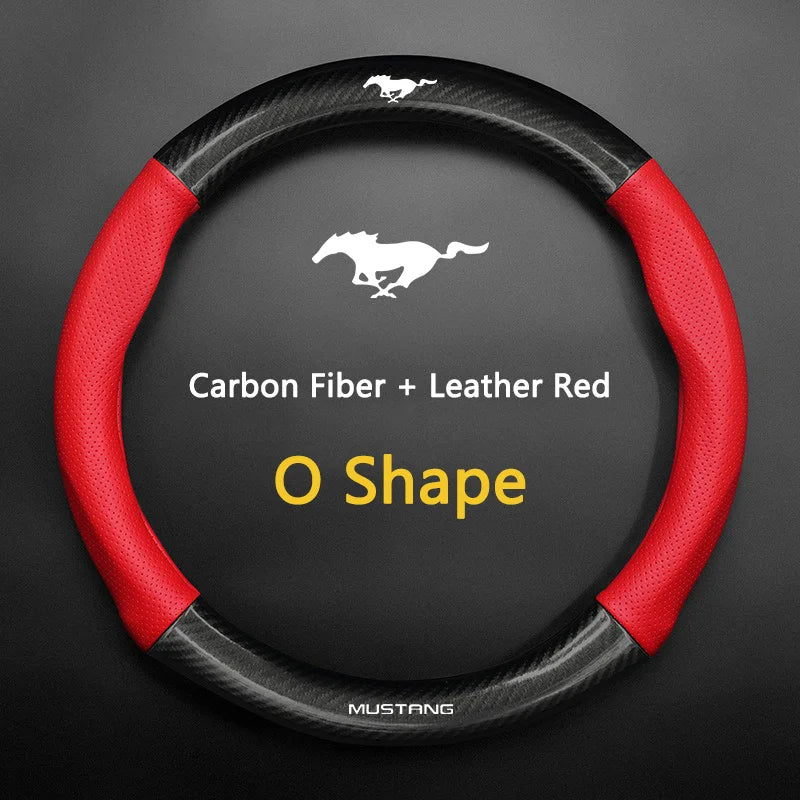 38 cm Carbon Fiber-Pattern Leather Steering Wheel Cover for Ford Mustang