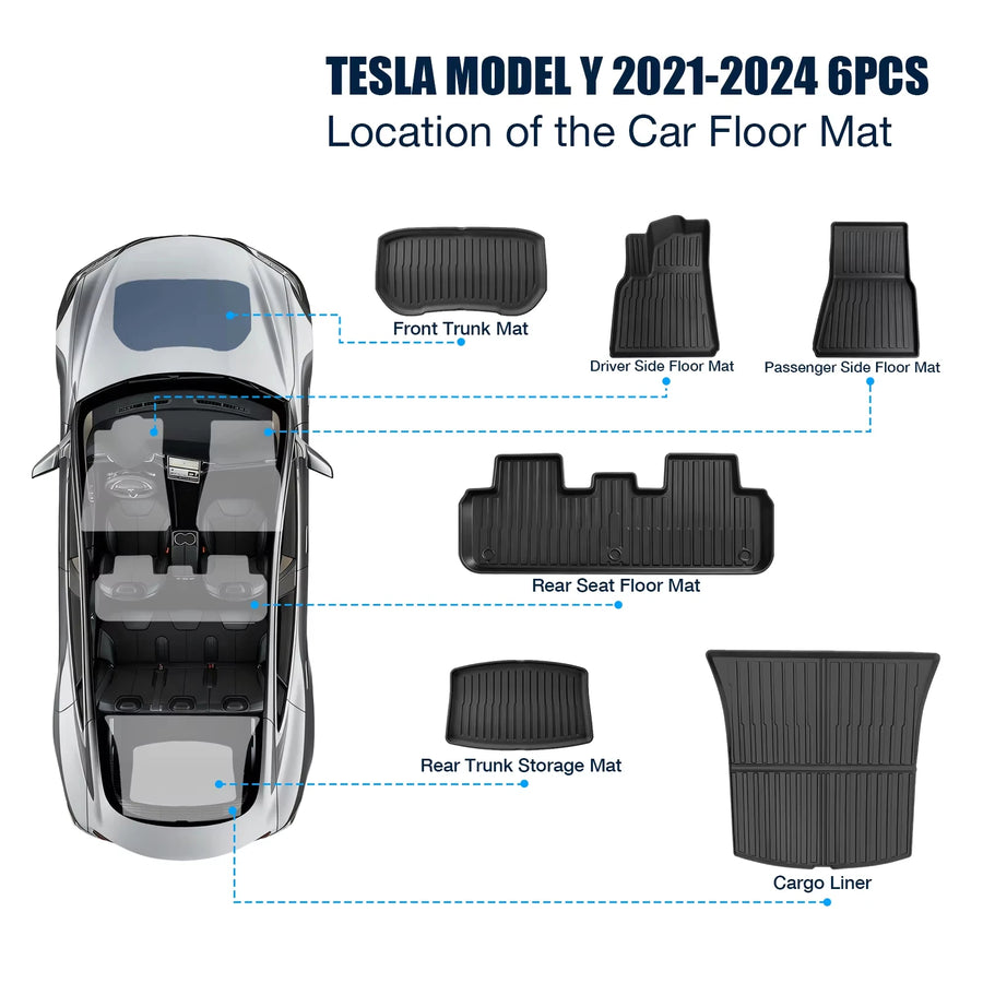 All-Weather TPE Floor and Cargo Liners for 2021–2024 Tesla Model Y – 6 Pieces