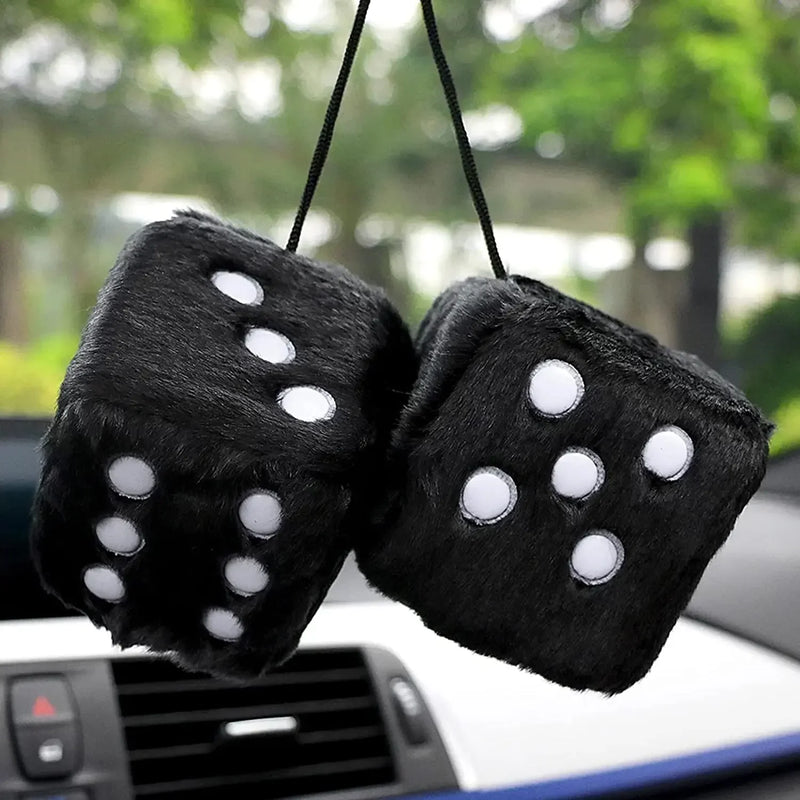Pair of Retro Plush Fuzzy Dice Rearview Mirror Ornaments