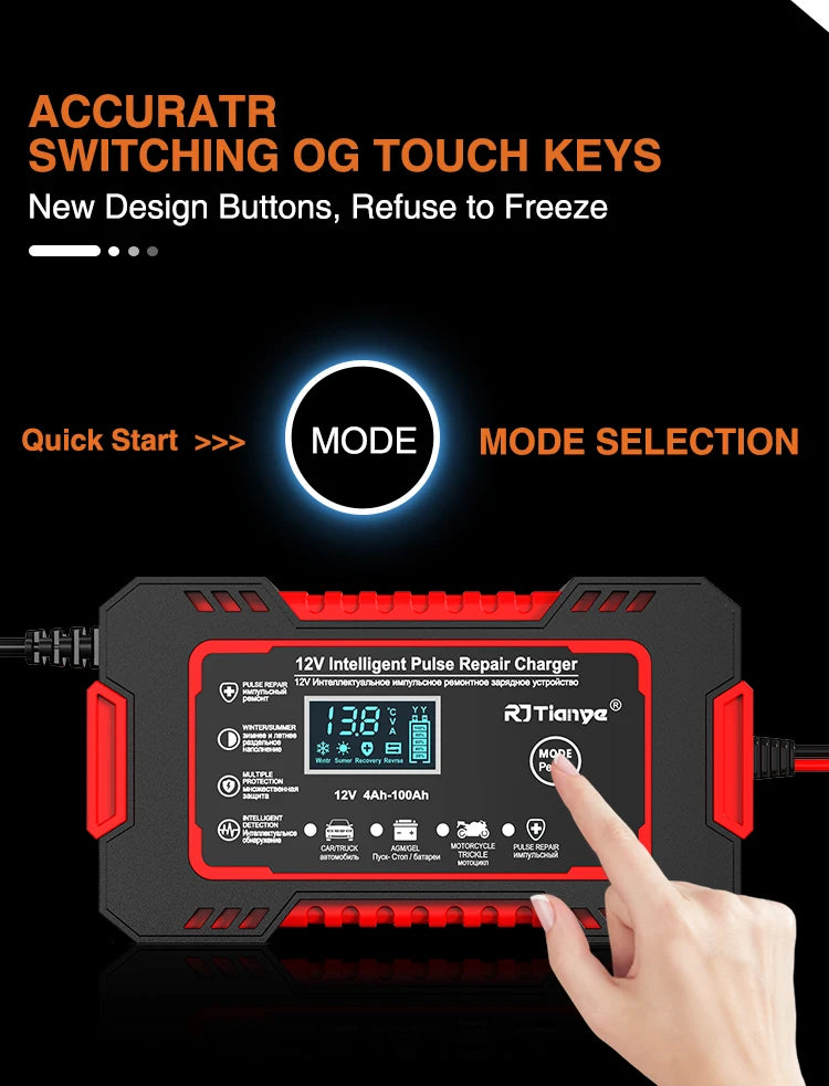 12V 6A Touchscreen Battery Charger with LCD and Pulse Repair Mode