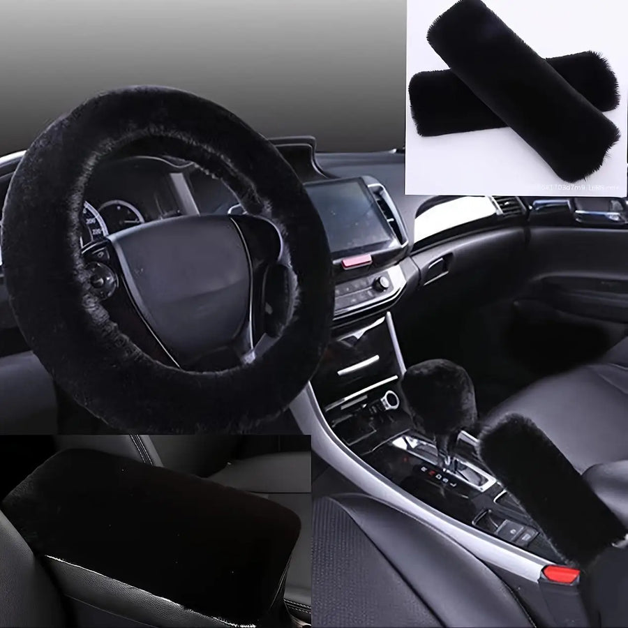 6-Piece Soft Plush Car Interior Accessories Set With Steering Wheel Cover