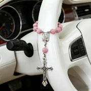 Pink Rose Bead Catholic Rosary Rearview Mirror Hanging Ornament