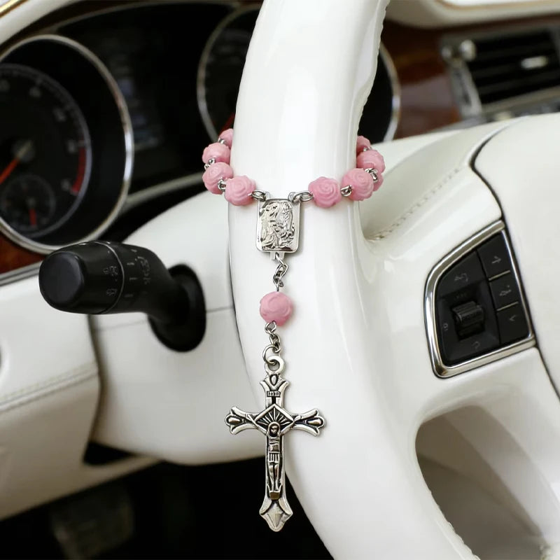 Pink Rose Bead Catholic Rosary Rearview Mirror Hanging Ornament