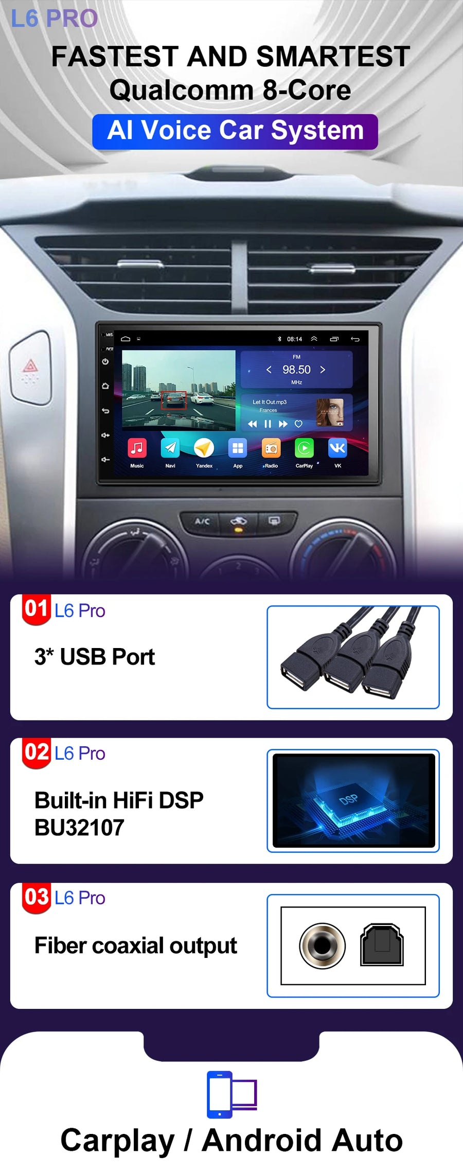 7-Inch 2-DIN Android 15 QLED Car Stereo with Wireless CarPlay and Android Auto