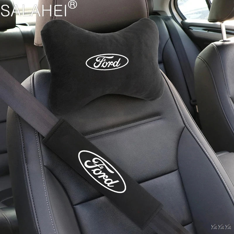 Suede Headrest Neck Pillow and Seat Belt Shoulder Cover Accessories for Ford Vehicles