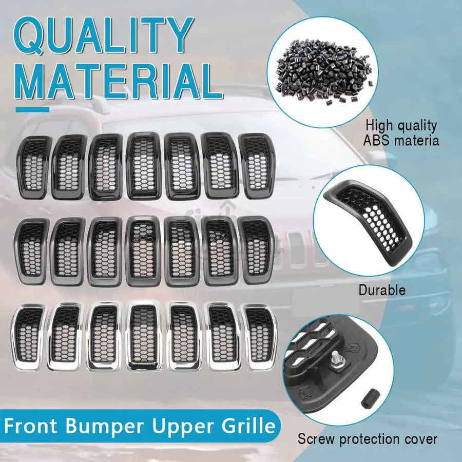 7-Piece Black Front Bumper Upper Grille ABS Plastic for Jeep Cherokee 2014 2015 2016 2017 2018