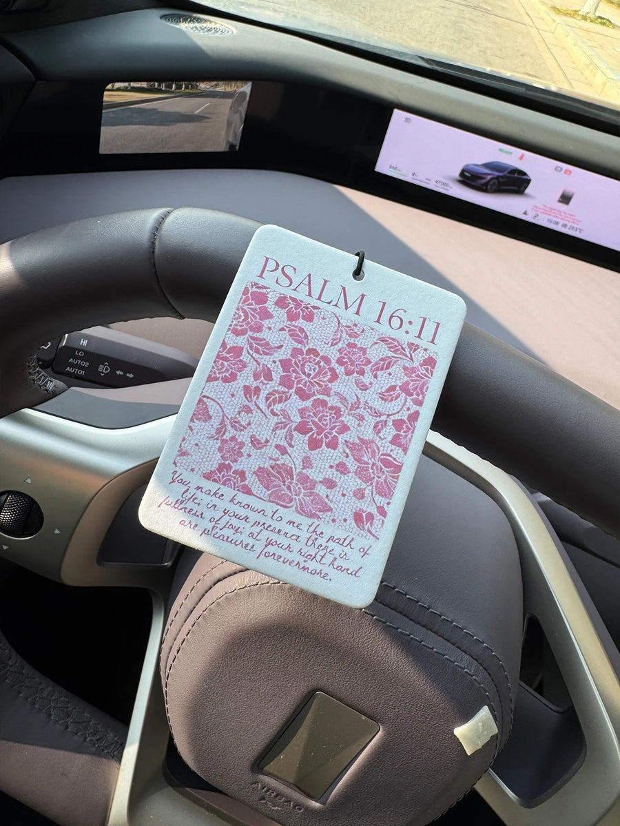 Pink Christian-Themed, Girly Pink Bow Floral Religious Hanging Air Freshener