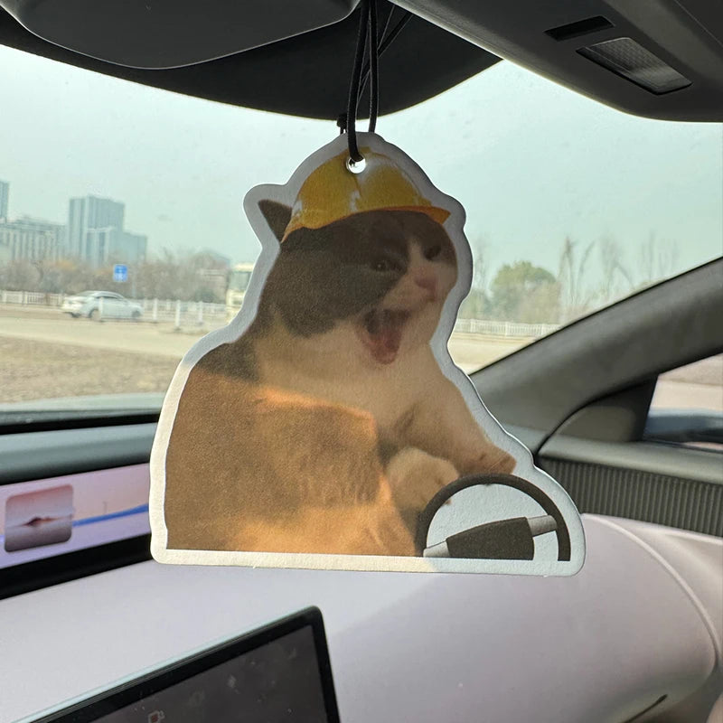 Funny Yellow Hard Hat Screaming Driving Cat Hanging Car Air Freshener