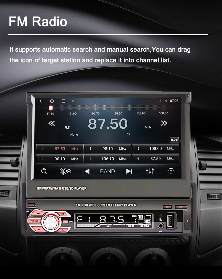 7-Inch 1-DIN Retractable CarPlay and Android Auto Car Stereo