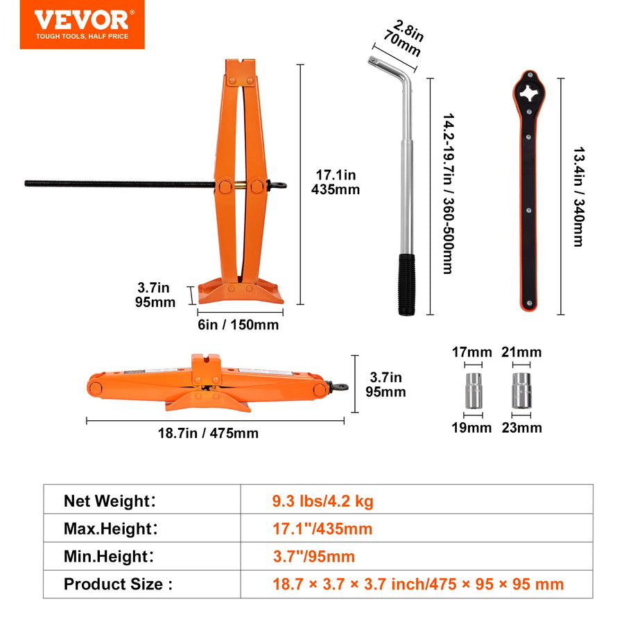 2.5-Ton Portable Scissor Jack with 3.7-17.1 Inch Lift Range