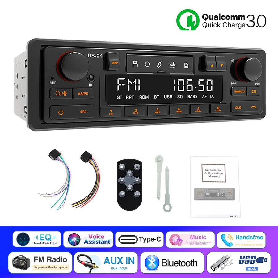 Retro 1-DIN Bluetooth Car Stereo with FM, AM, RDS, DAB and USB