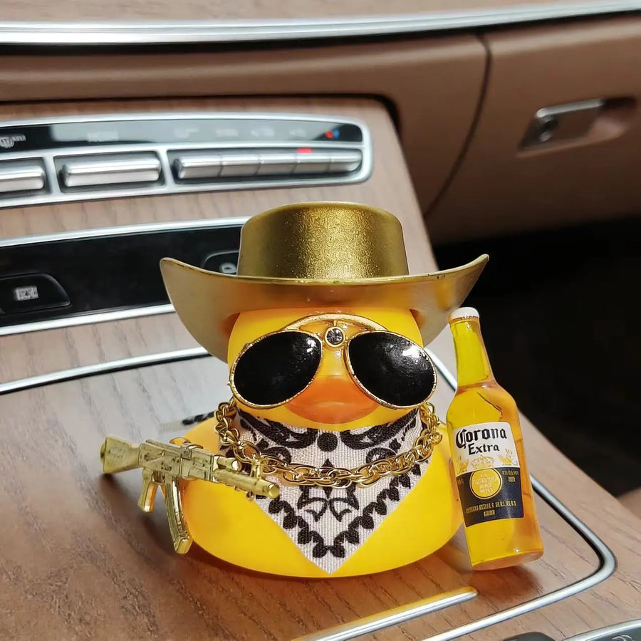 Cool Black Yellow Rich Duck Car Dashboard Decoration Ornaments with Weapon Cowboy Hat Scarf