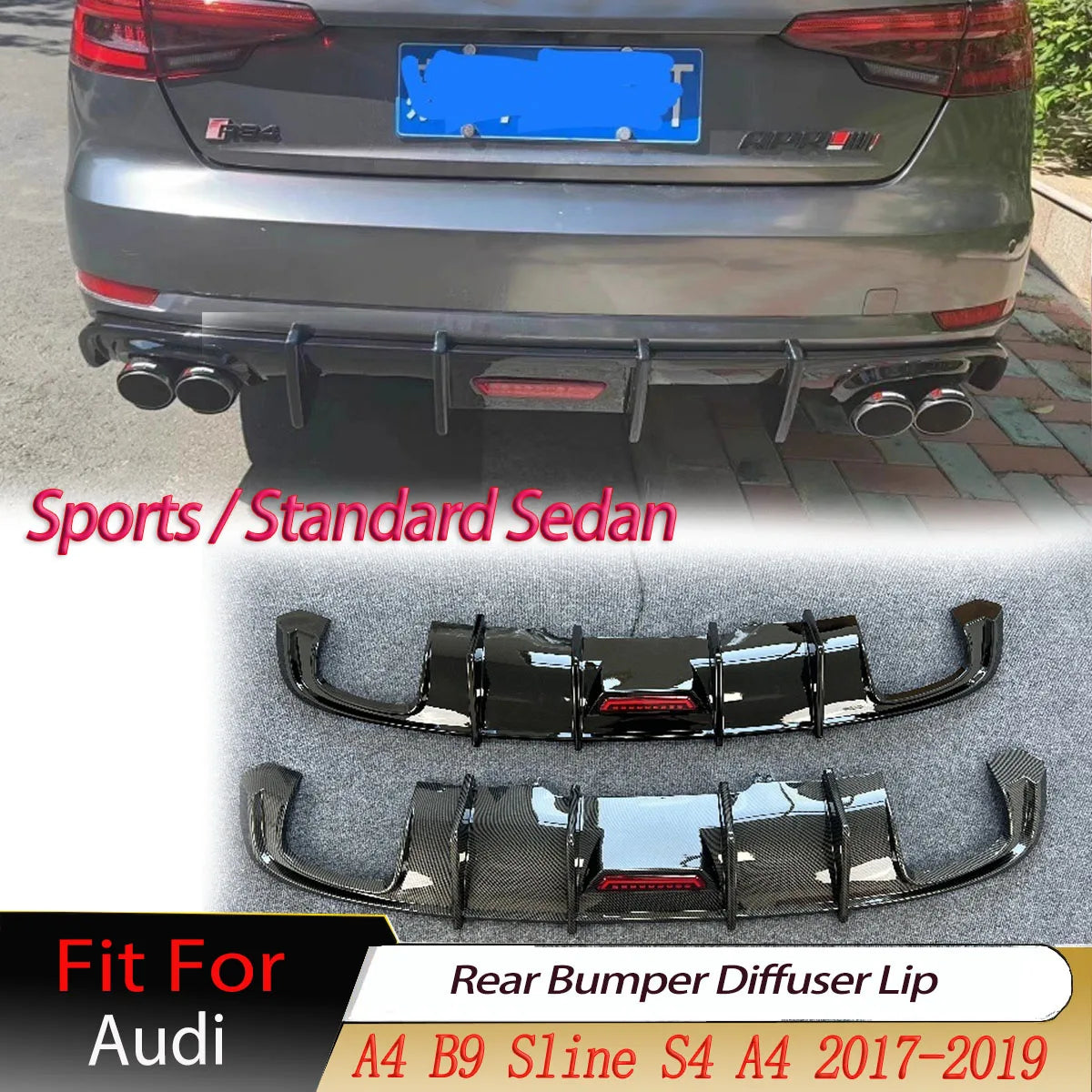Rear Bumper Diffuser for Audi A4/S4 B9 Sedan 2017-2019