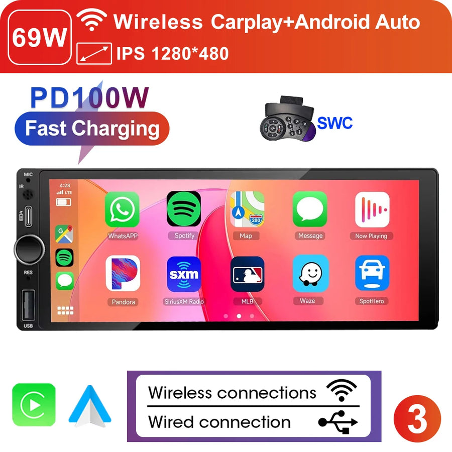 6.9-Inch 1-DIN Wireless CarPlay and Android Auto Car Stereo