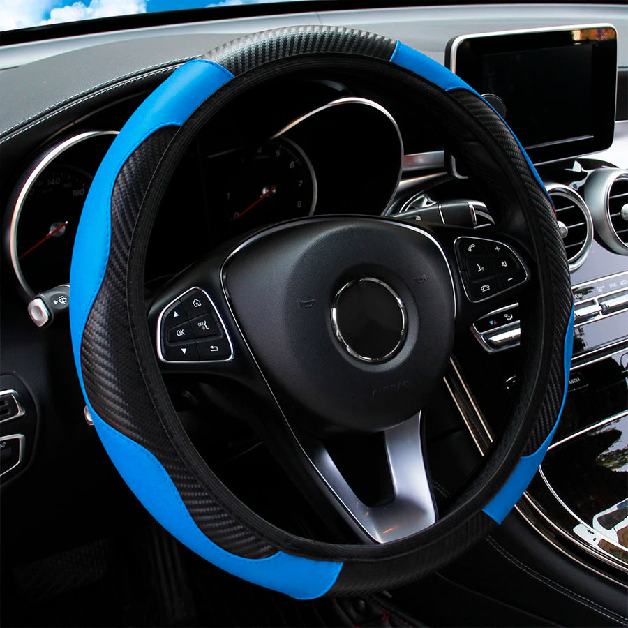 PU Leather Carbon Fiber-Style Steering Wheel Cover – 14.5–15-Inch