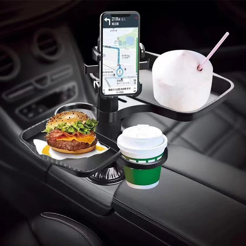 Adjustable Car Cup Holder Tray With 360° Rotating Phone Mount
