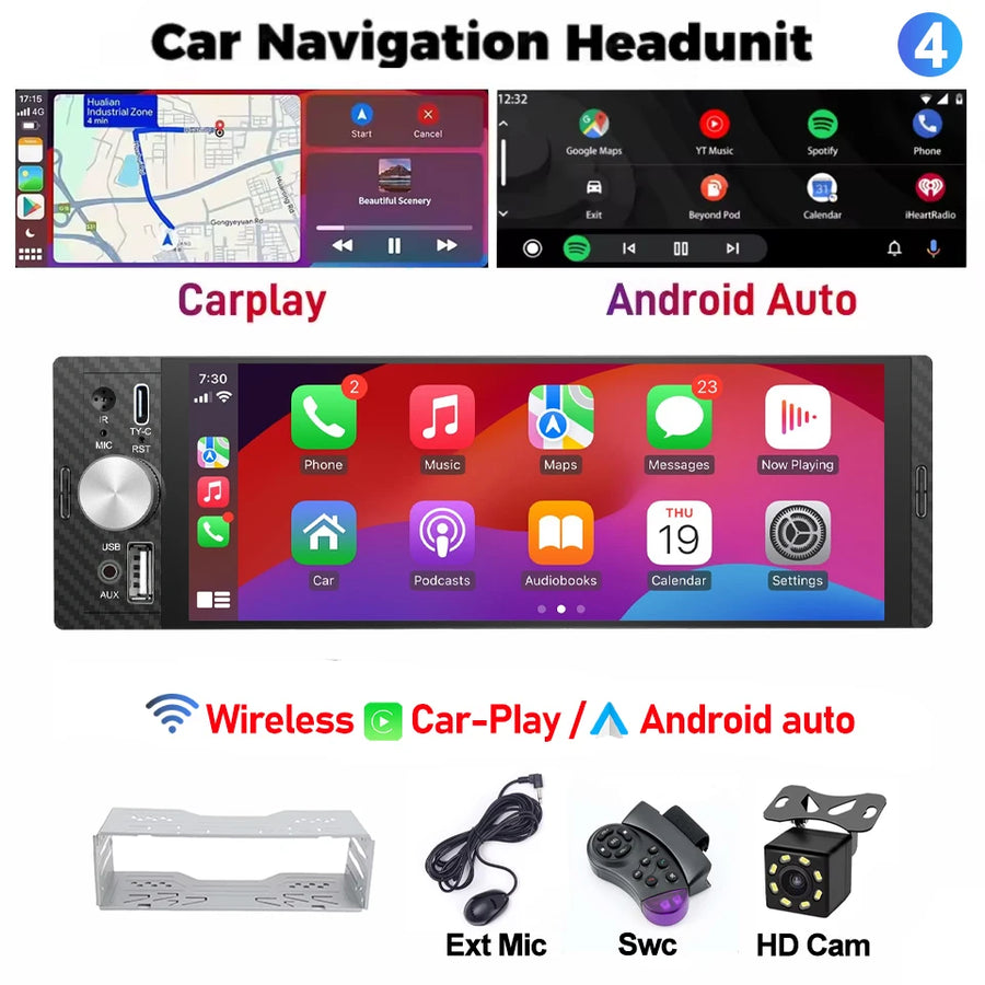 6.86-Inch IPS 1-DIN Wireless CarPlay and Android Auto Car Stereo