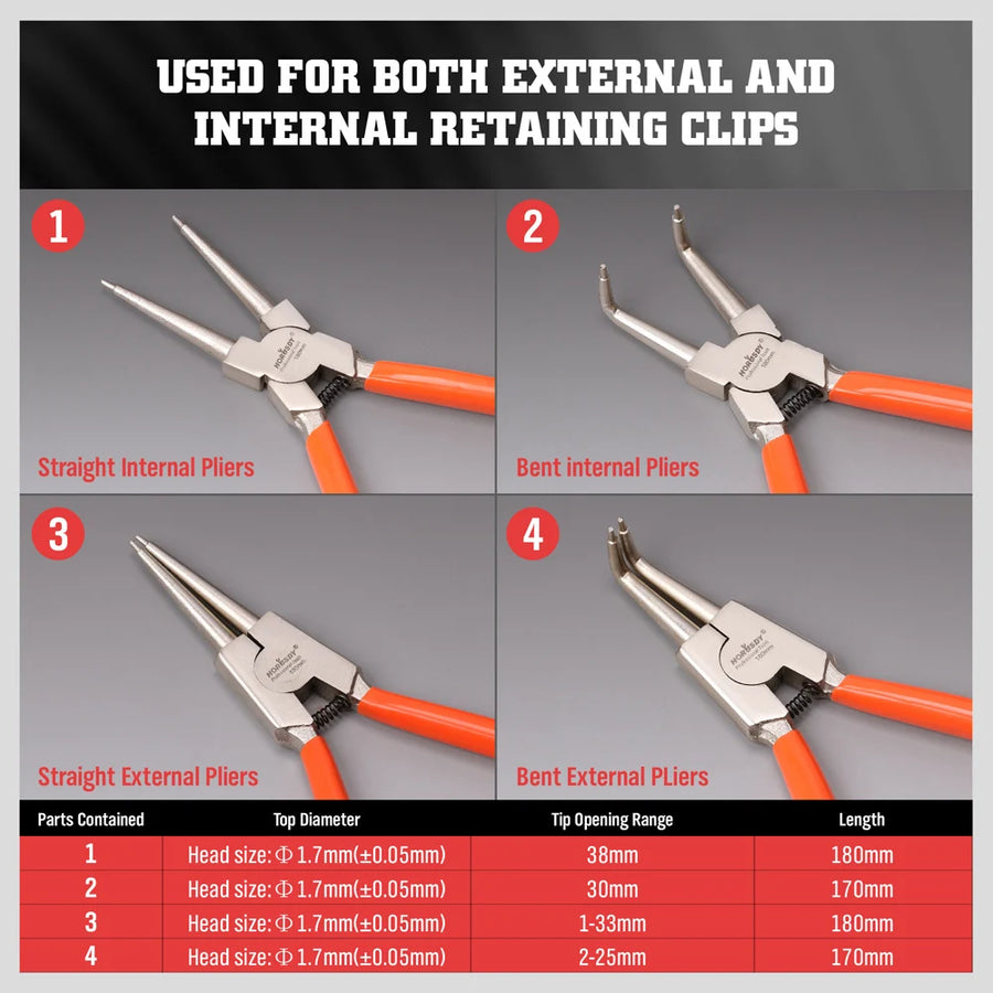 4-Piece 7-Inch Internal and External Snap Ring Pliers Set