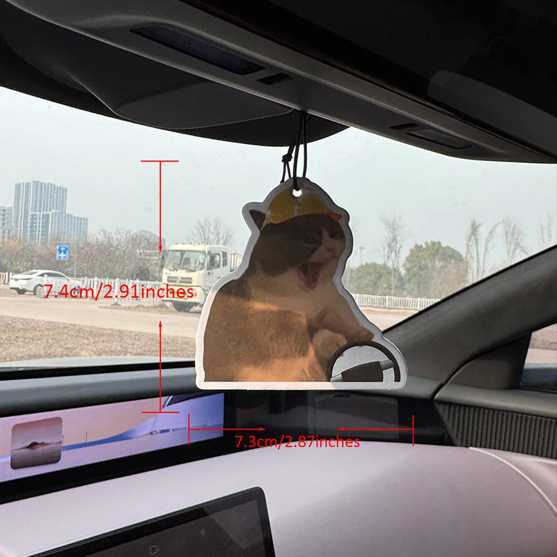 Funny Yellow Hard Hat Screaming Driving Cat Hanging Car Air Freshener