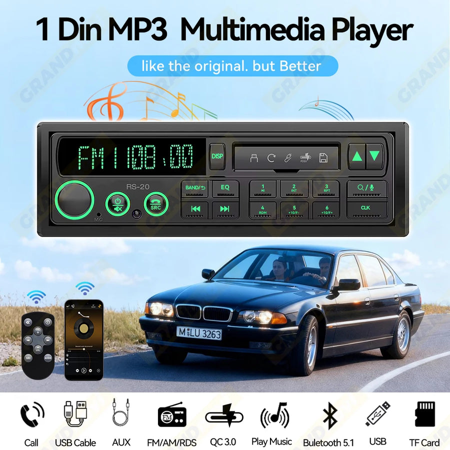 Retro 1-DIN Bluetooth Car Stereo with FM, AM, RDS, DAB and USB