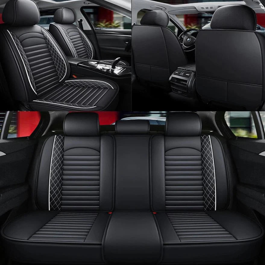 Universal 5-Seat Full-Coverage PU Leather Seat Cover Set – Black/White