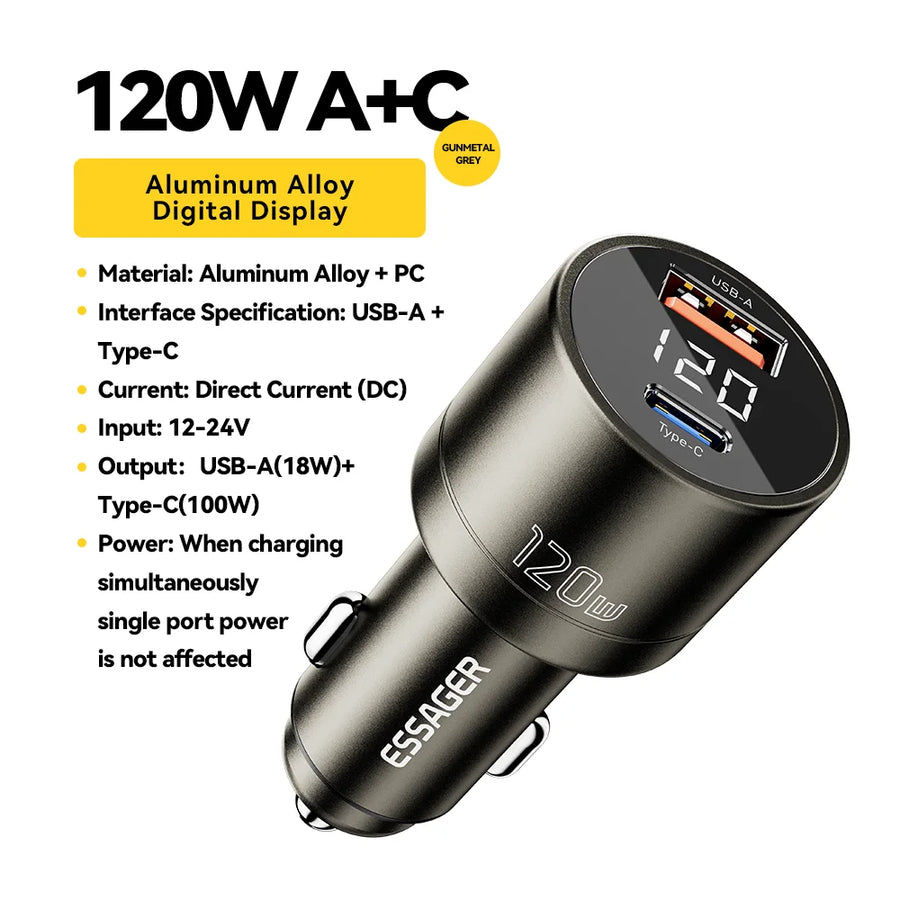 Essager 120W USB-C PD and QC Car Charger Adapter