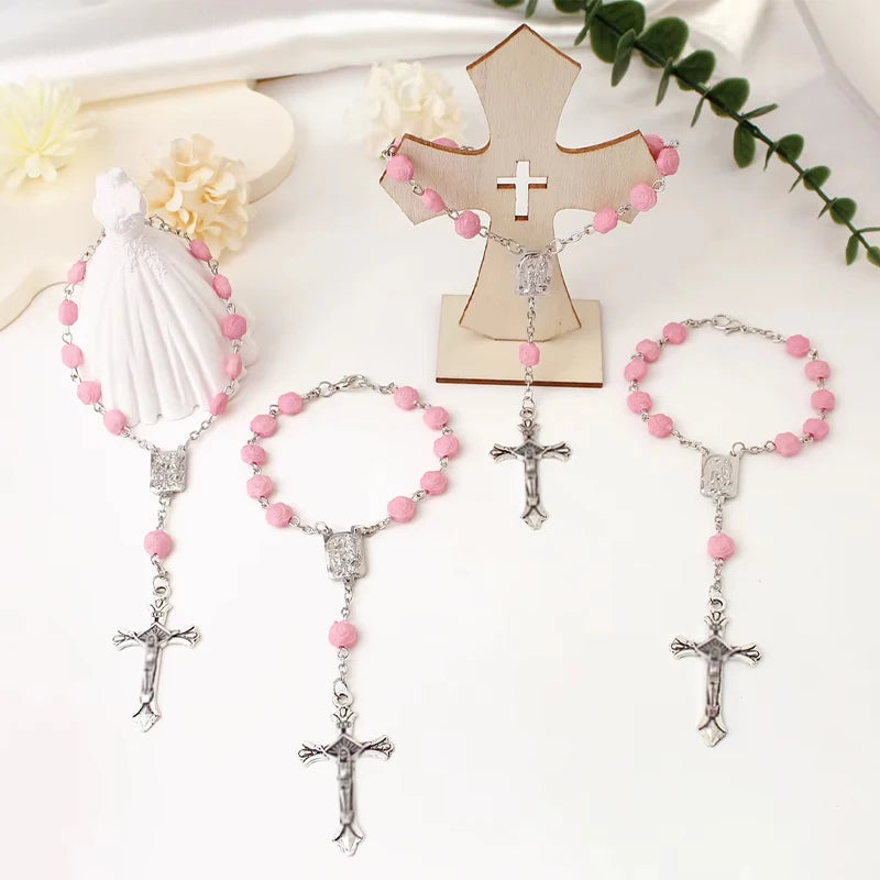 Pink Rose Bead Catholic Rosary Rearview Mirror Hanging Ornament