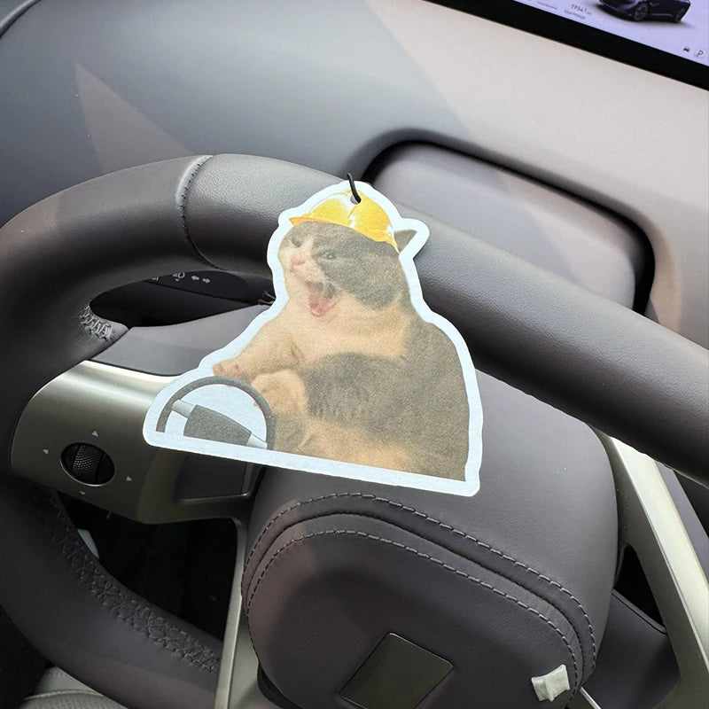 Funny Yellow Hard Hat Screaming Driving Cat Hanging Car Air Freshener