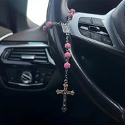 Pink Rose Bead Catholic Rosary Rearview Mirror Hanging Ornament
