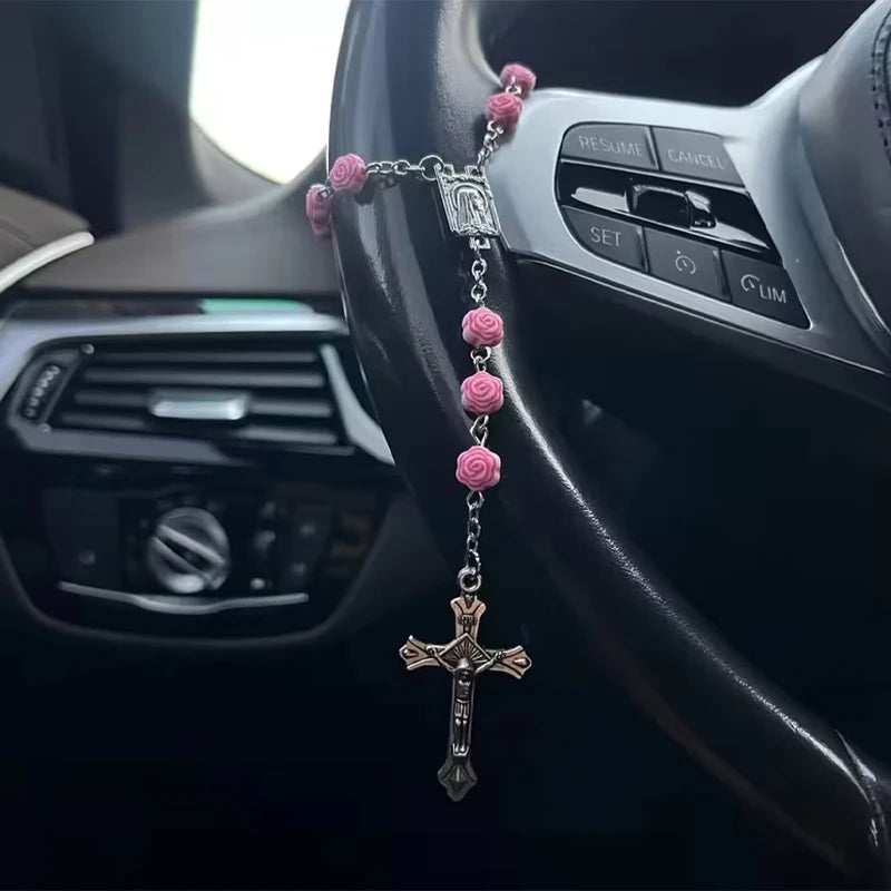Pink Rose Bead Catholic Rosary Rearview Mirror Hanging Ornament