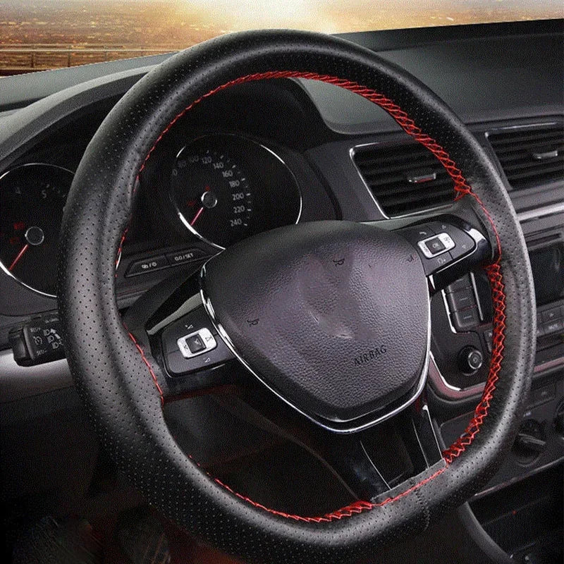 DIY Two-Tone Leather Steering Wheel Cover with Needle and Thread