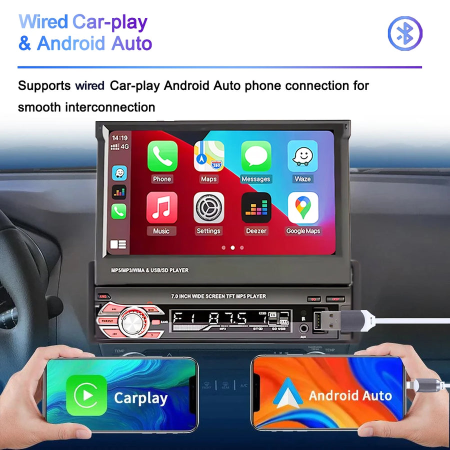 7-Inch 1-DIN Retractable CarPlay and Android Auto Car Stereo