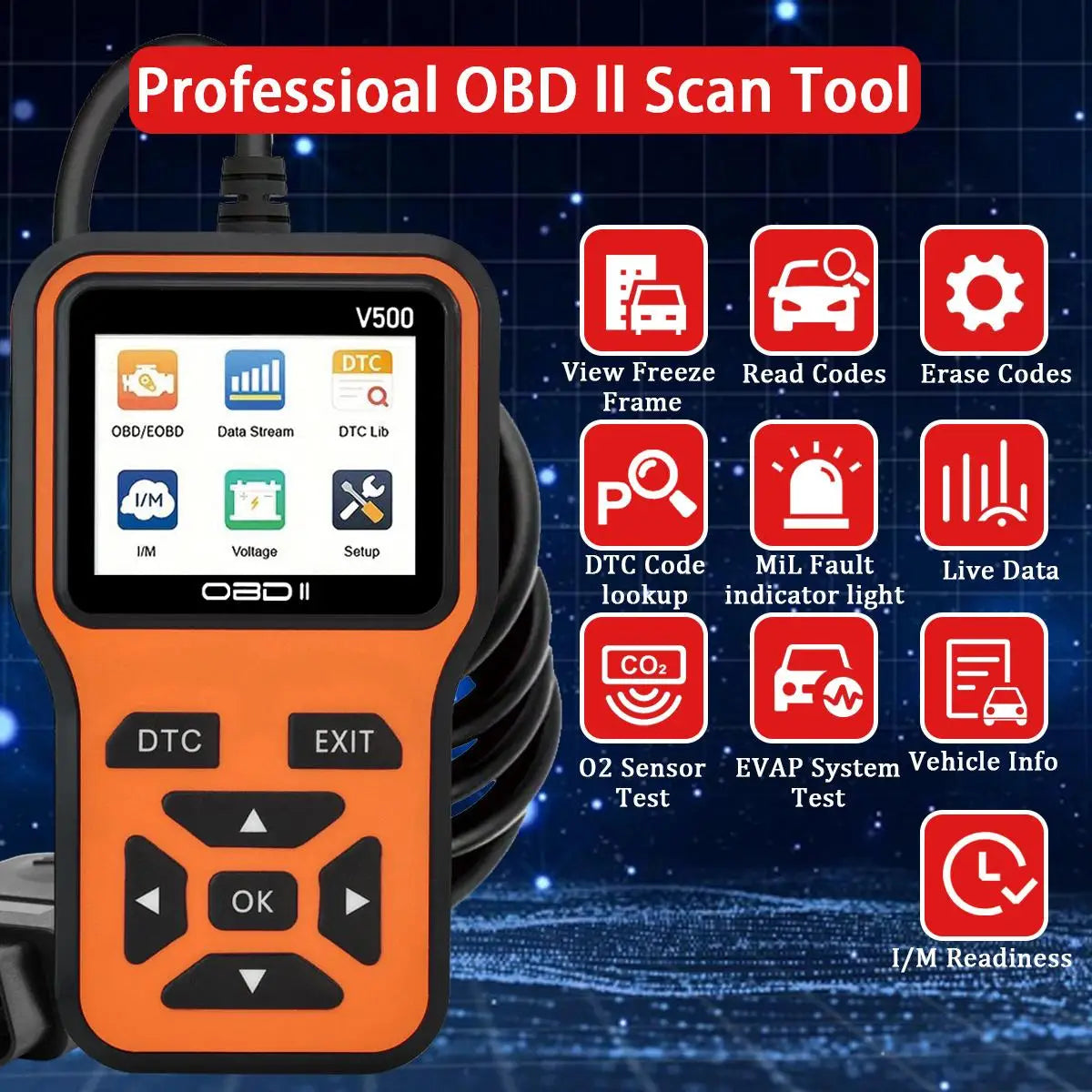 V500 OBD2 Code Reader with Vehicle Voltage and Charging Test