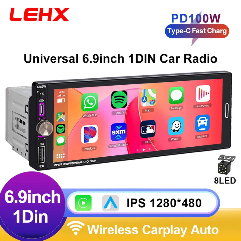 6.9-Inch 1-DIN Wireless CarPlay and Android Auto Car Stereo