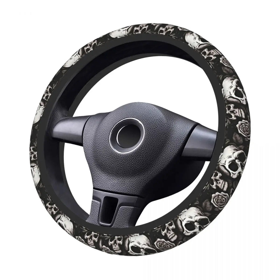 Skull-Design Slip-On Steering Wheel Cover – Black