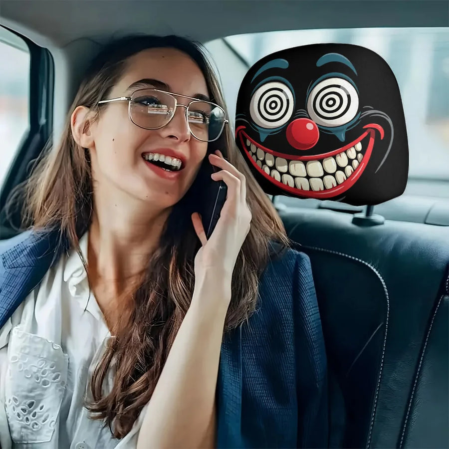 2-Piece Scary Clown Face Car Headrest Covers – Stain-Resistant Interior Decor
