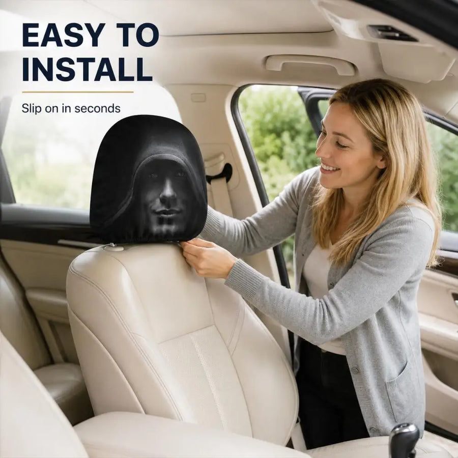 2-Piece Mysterious Hooded Face Car Headrest Covers – Universal Black Interior Decor