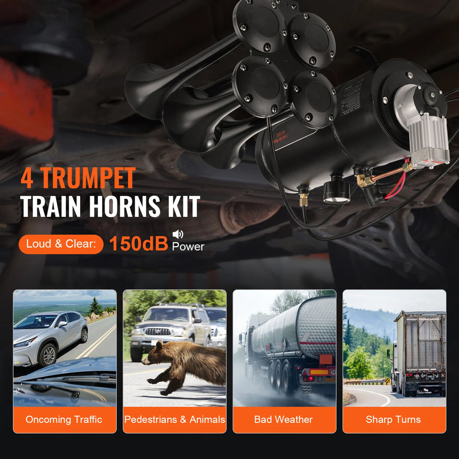 12V Four-Trumpet Air Horn Kit with 0.8 gal Tank & Compressor