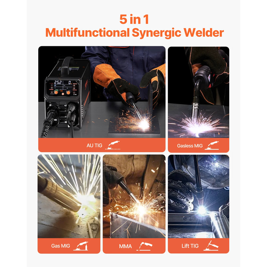 5-in-1 Dual-Voltage MIG Welder with Pulse and LCD – 200A/250A
