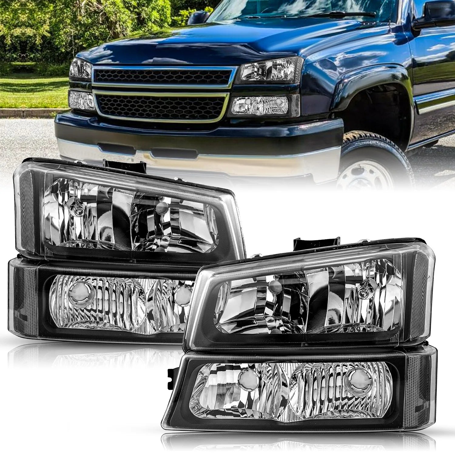 Black Headlight and Bumper Lamp Set for Chevrolet Silverado 2003-2006